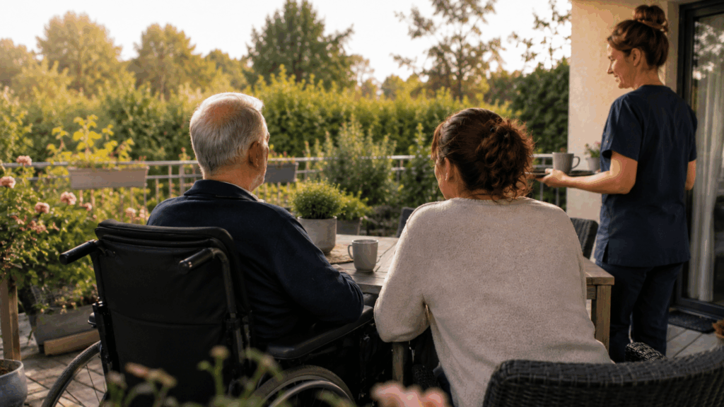 Intensivpflege-Bewohner verbringt Zeit mit Angehöriger auf der Terrasse einer Intensivpflege-Wohngemeinschaft